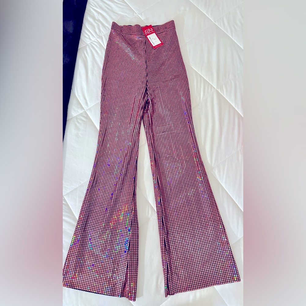 Pink Sequin Pants Sparkly Glitter High Waisted Wide Leg Flare Bell Bottoms